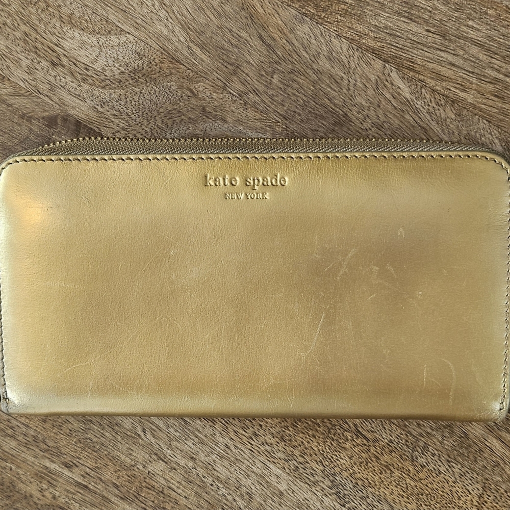 Kate Spade Gold Metalic Leather Wallet with Pink Interior